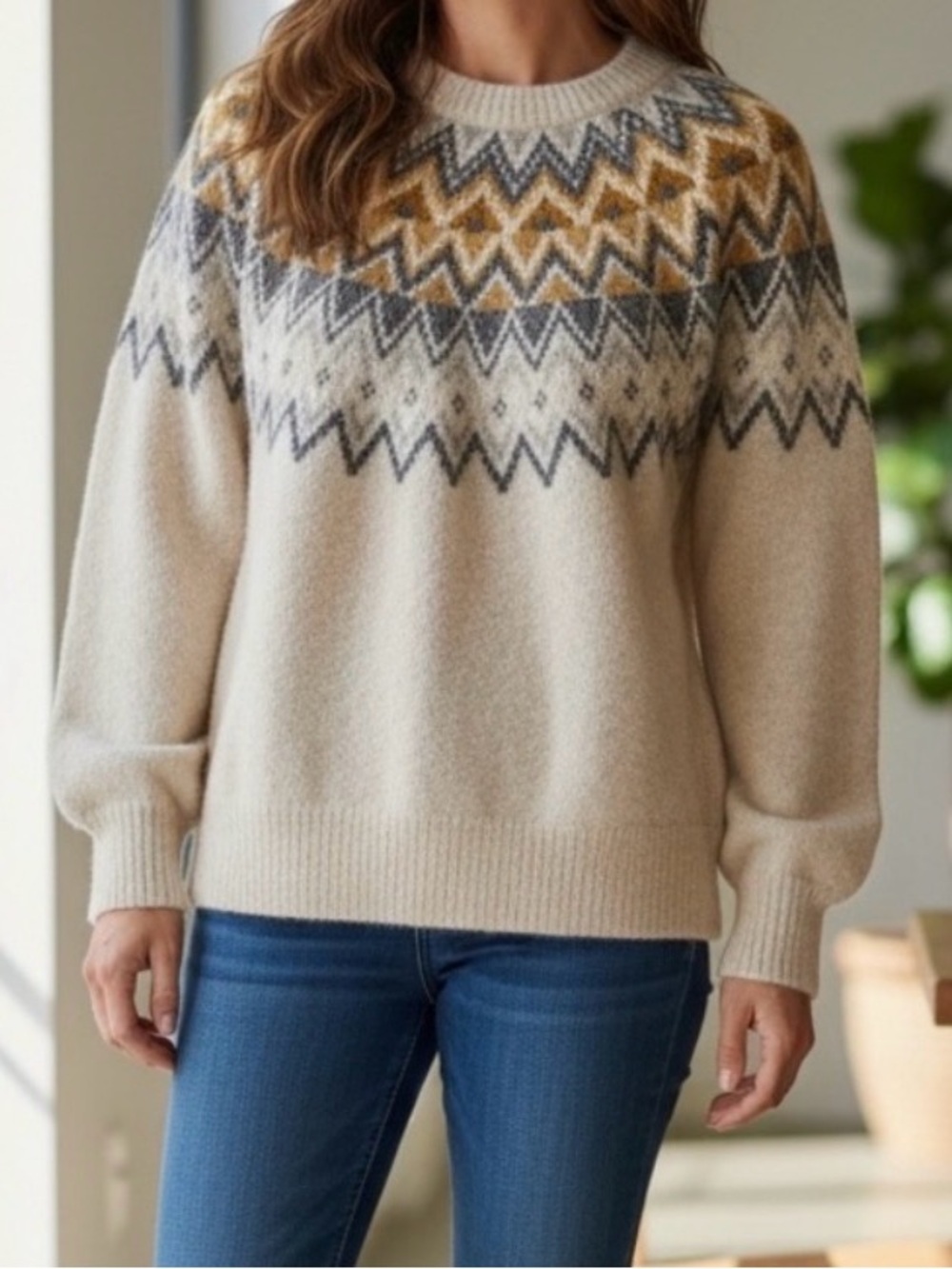 Caslon Fair Isle Knit Sweater Sz S | Nordic Cream Pullover with Mustard & Gray